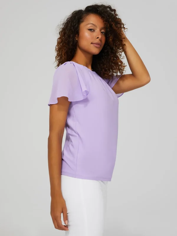 Pleated Crew Neck Top With Chiffon Flutter Sleeves - Image 4
