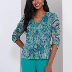 Floral Print Crinkle Mesh V-Neck Top