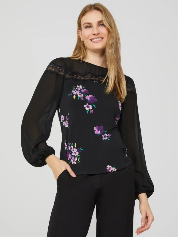 Long Balloon Sleeve Ditsy Floral Crew Neck Top - Image 3