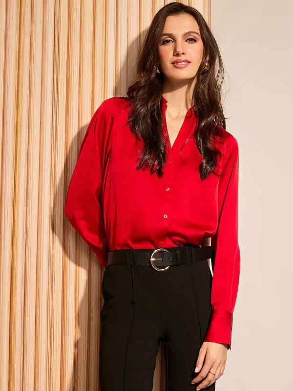 Satin Split Neck Button-Front Blouse - Image 6