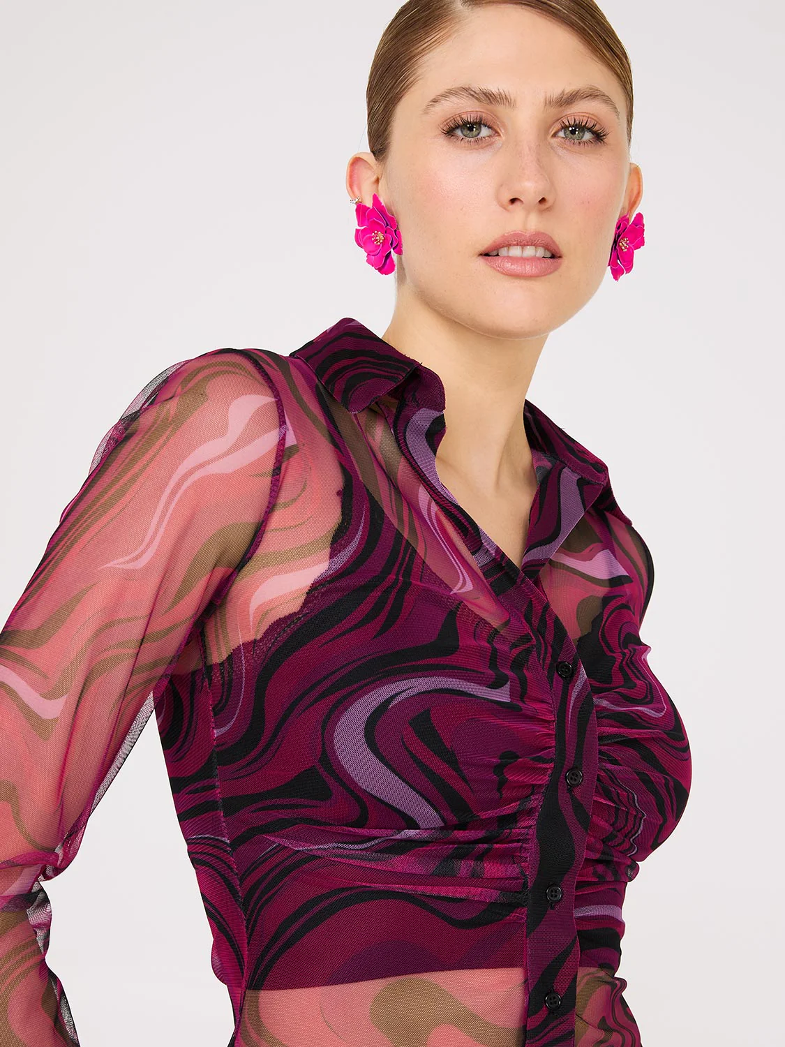 Abstract Print Ruched Button-Front Mesh Blouse - Image 2