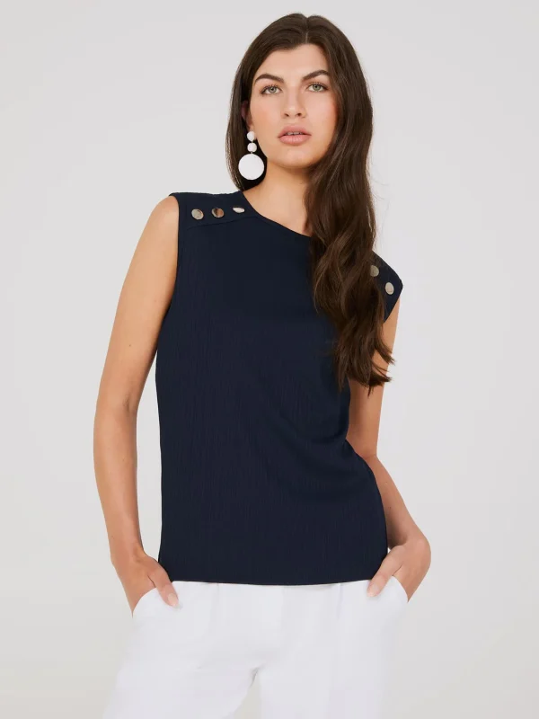 Sleeveless Jacquard Top With Button Shoulder Details - Image 2