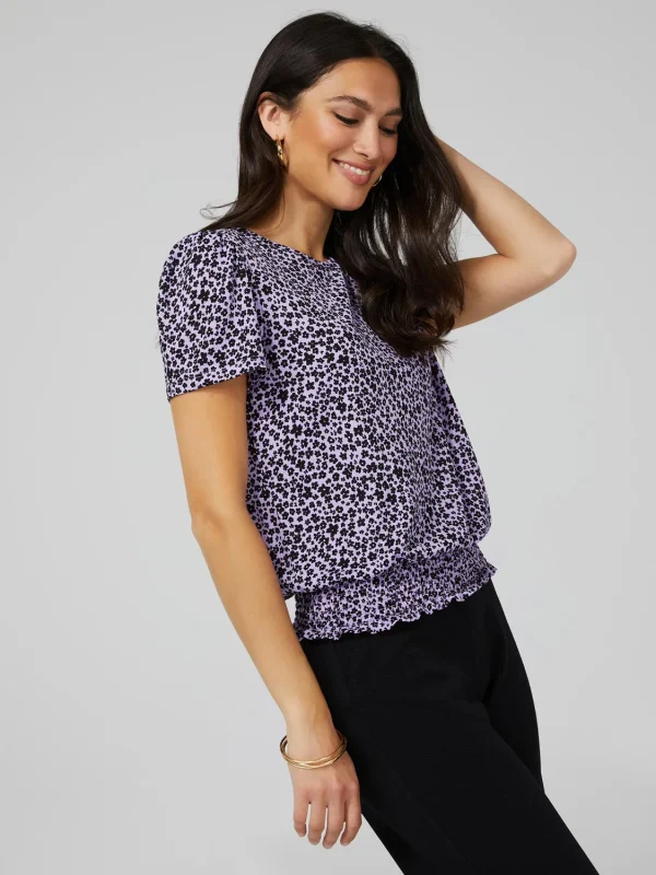 Printed Textured T-Shirt With Smocked Bottom Band - Image 3