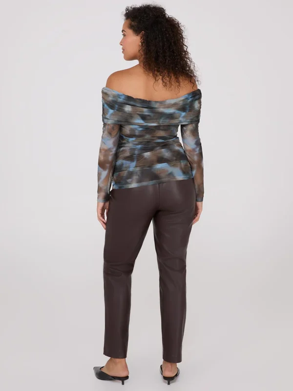 Ruched Off-The-Shoulder Printed Mesh Top - Image 5
