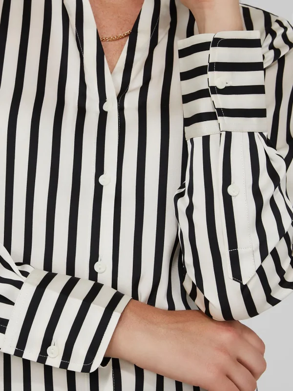Striped Satin Split Neck Button-Front Blouse - Image 6