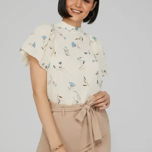 Printed Mock Neck Blouse With Open Back