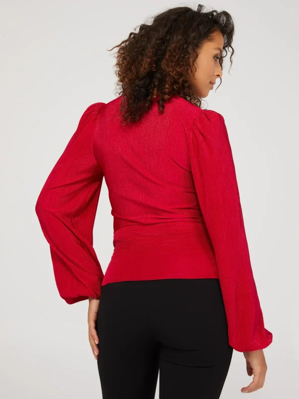 V-Neck Plisse Long Sleeve Top With Bottom Band - Image 5