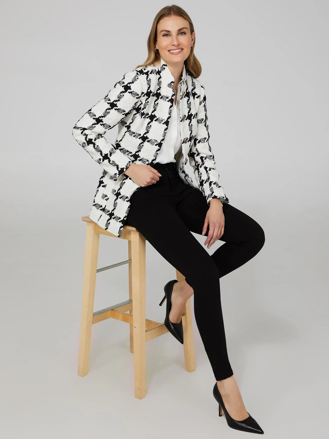 Boucle Button-Front Blazer With Mandarin Collar - Image 2