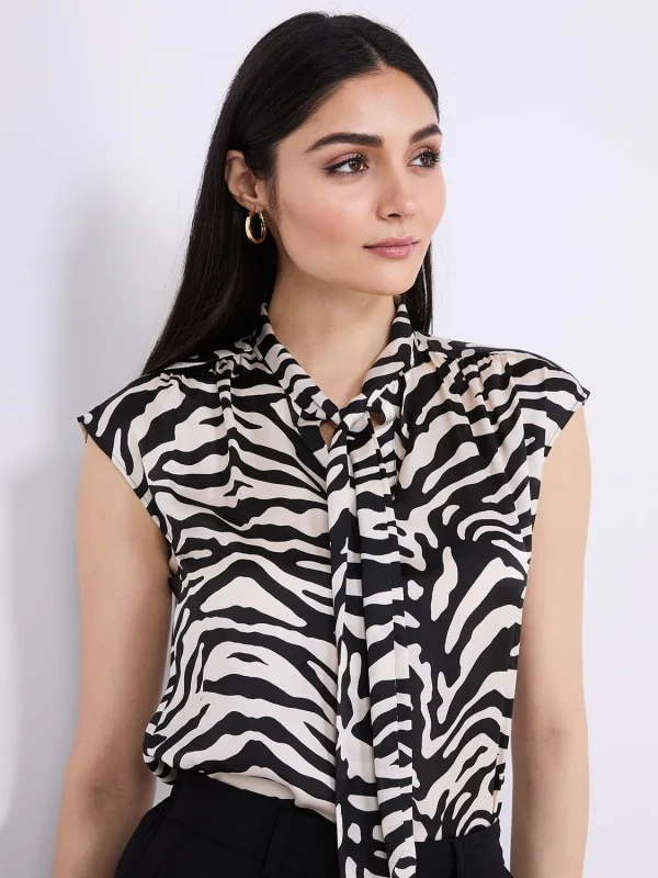 Animal Print Satin Bow Blouse - Image 2