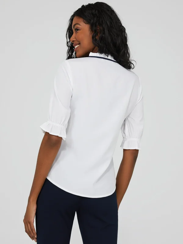 Ruffled Contrast Neckline V-Neck Top - Image 4
