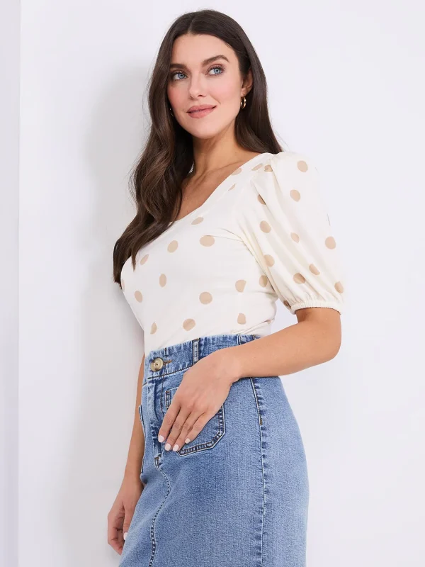 Dot Print Puff Sleeve Square Neck Top - Image 3