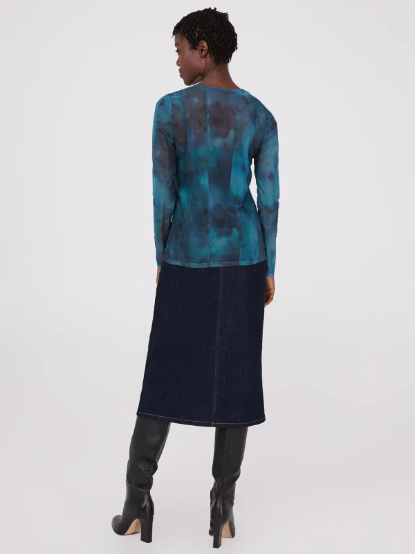 Abstract Print Long Sleeve Mesh Top With Cami - Image 4