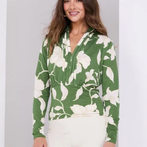 Textured Floral Print Pleated V-Neck Top