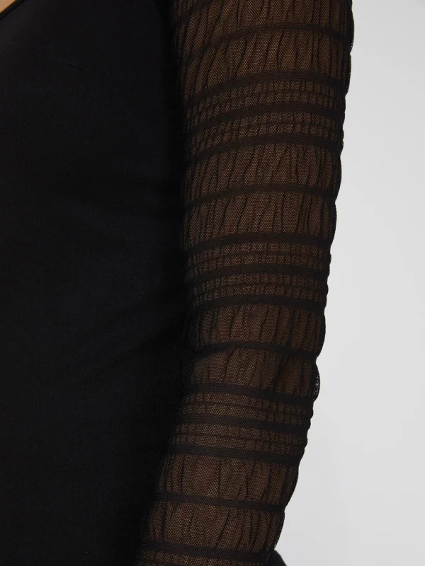 Textured Crepe Scoop Neck Top With Smocked Mesh Sleeves - Image 5