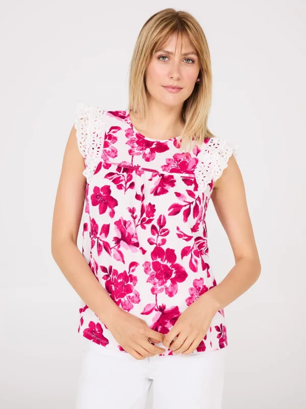 Watercolour Floral Print Top With Eyelet Ruffle Sleeves - Image 2