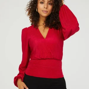 V-Neck Plisse Long Sleeve Top With Bottom Band