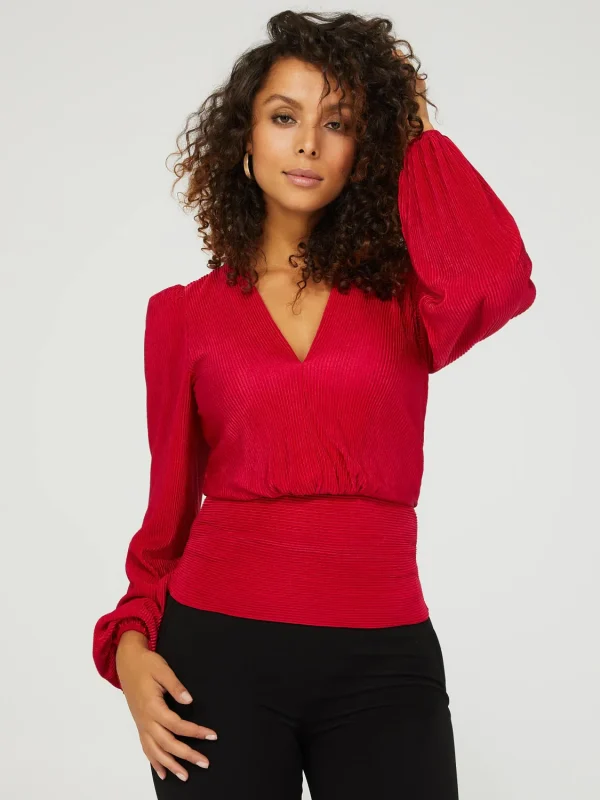 V-Neck Plisse Long Sleeve Top With Bottom Band