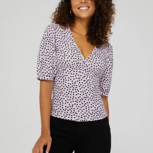 Printed V-Neck Button-Front Top With Puff Sleeves