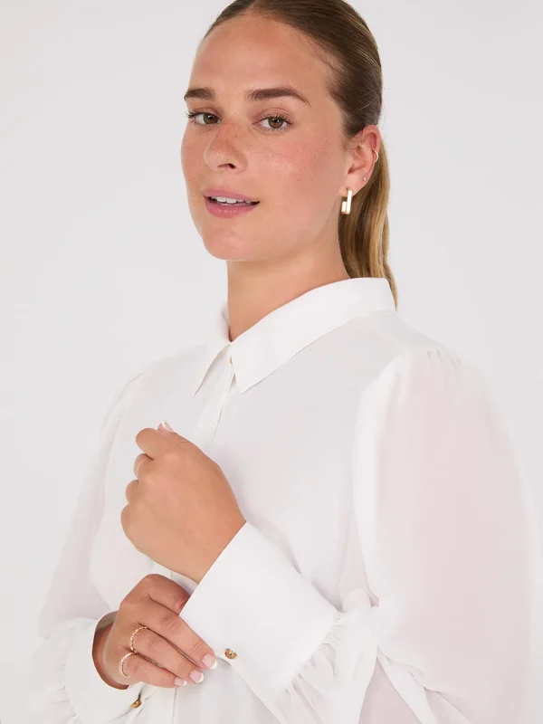 Chiffon Button-Front Volume Sleeve Blouse - Image 2