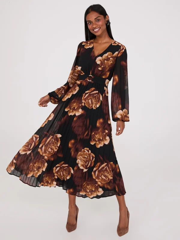 Floral Print V-Neck Pleated Maxi Dress - Image 2