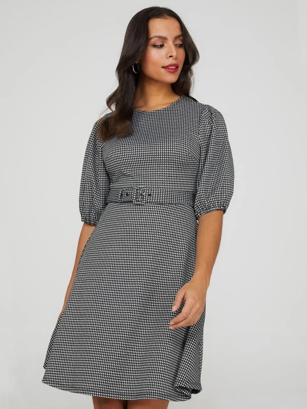 Printed Metallic Fit & Flare Belted Dress - Image 3