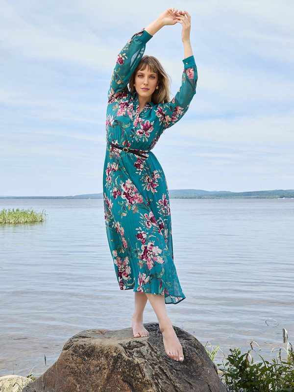 Floral Print Belted Chiffon Dress - Image 6