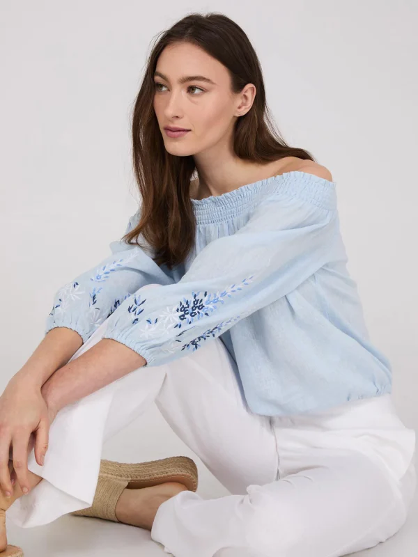 Embroidered Linen Off-The-Shoulder Top - Image 2