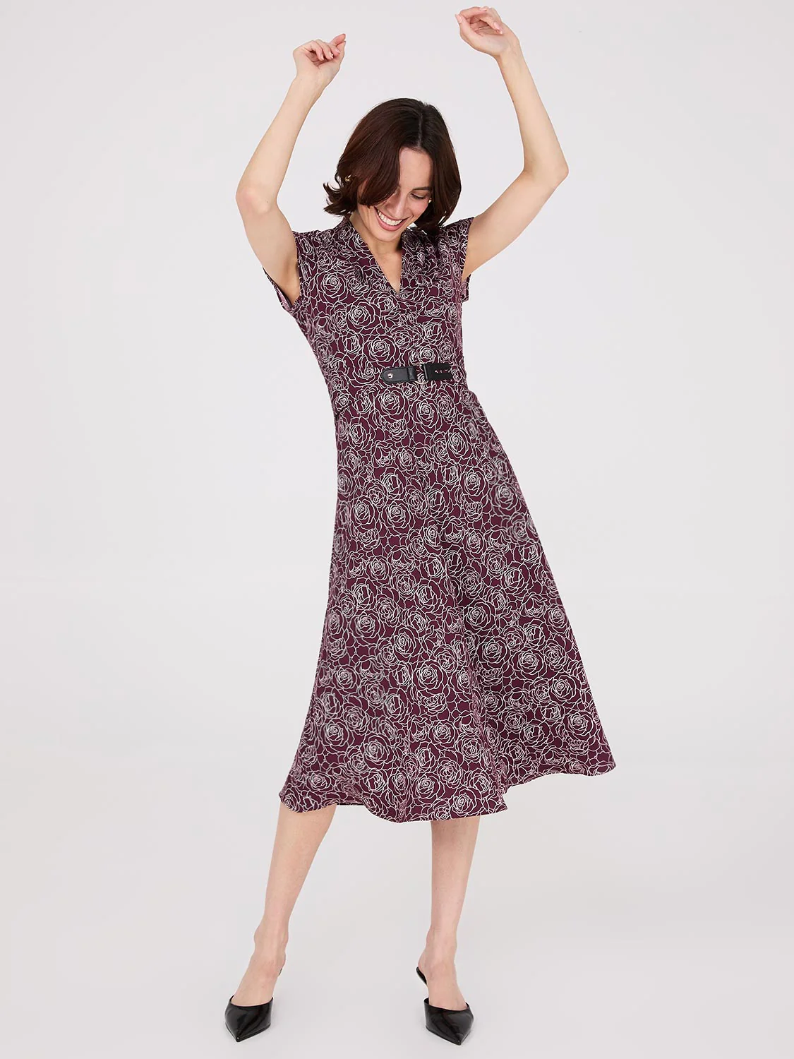 Floral Print Shawl Collar Belted Midi Dress - Image 3