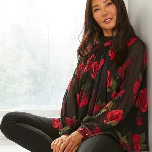 Floral Print Chiffon High Neck Blouse With Voluminous Sleeves