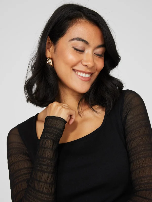 Textured Crepe Scoop Neck Top With Smocked Mesh Sleeves - Image 2