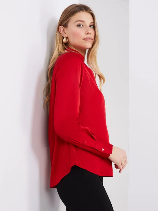 Satin Split Neck Button-Front Blouse - Image 4