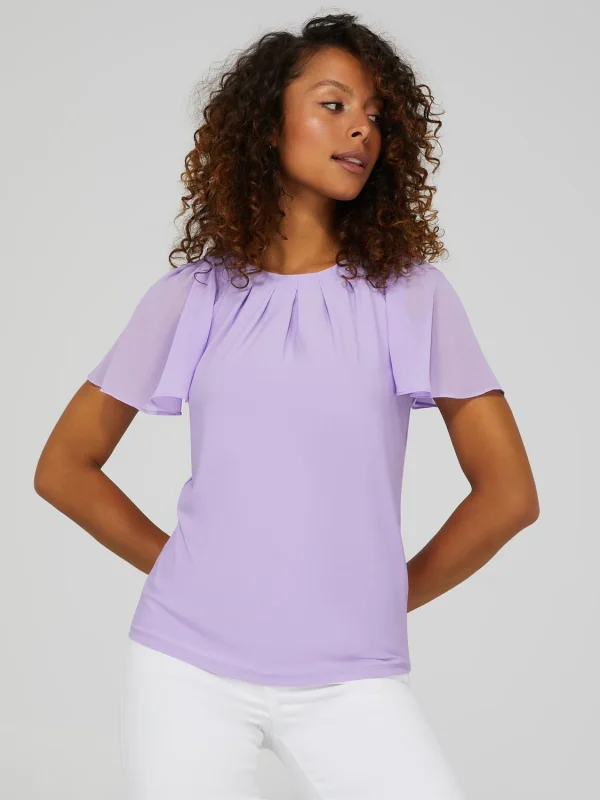 Pleated Crew Neck Top With Chiffon Flutter Sleeves - Image 3