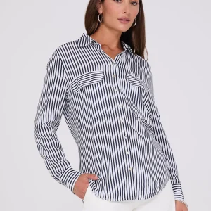Striped Button-Up V-Neck Blouse