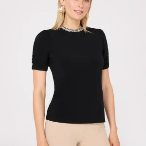 Short Puff Sleeve Boucle Neck Top