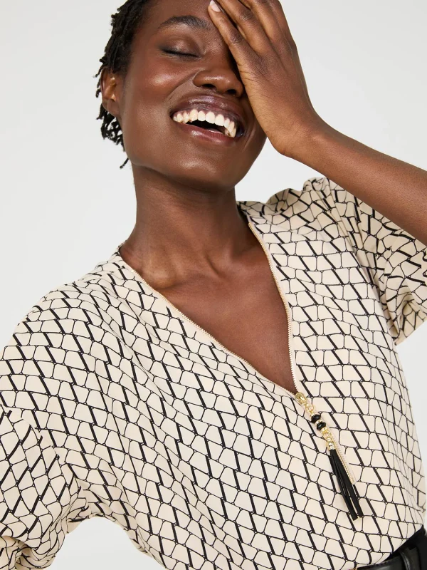 Zip Front V-Neck Top