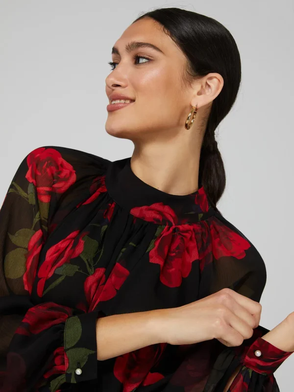 Floral Print Chiffon High Neck Blouse With Voluminous Sleeves - Image 5