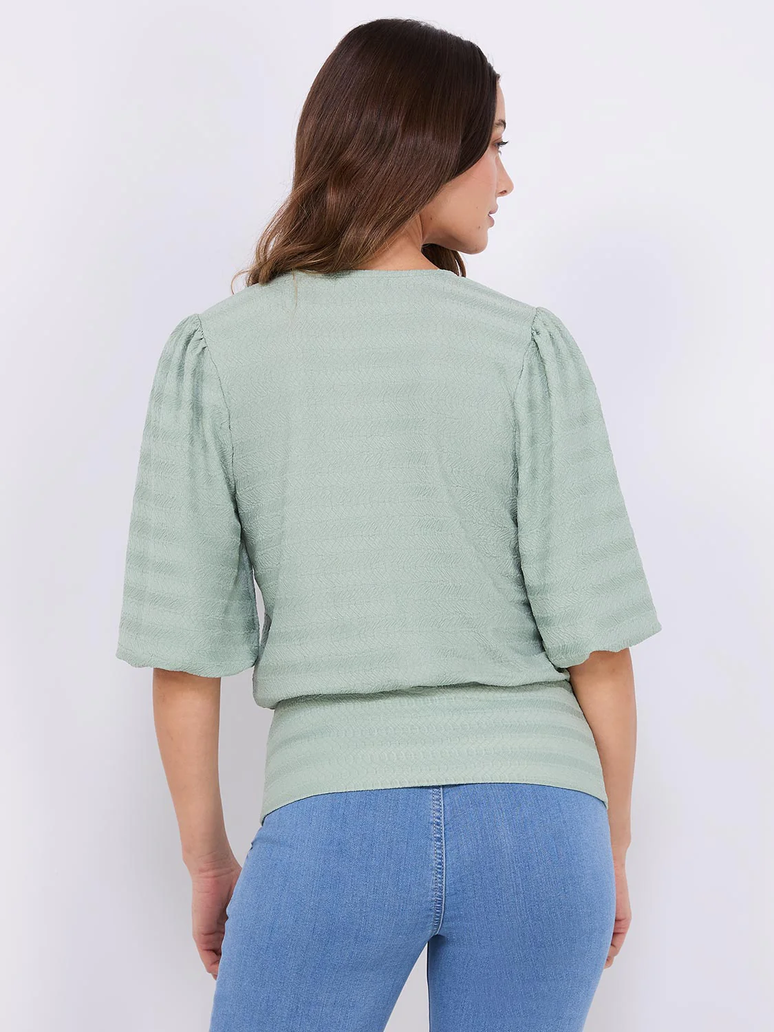 Balloon Sleeve V-Neck Top With Bottom Band - Image 5