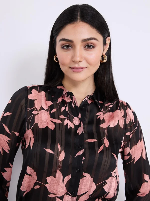 Floral Print Shadow Stripe Button-Front Blouse - Image 3