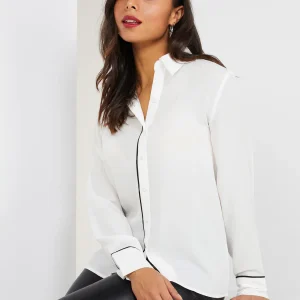 Button-Front Blouse With Contrast Piping