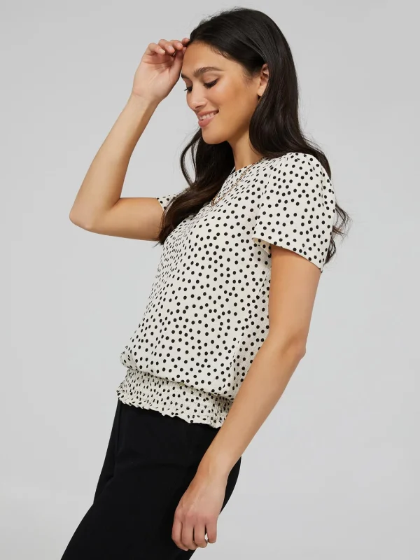 Polka Dot Textured T-Shirt With Smocked Bottom Band - Image 4