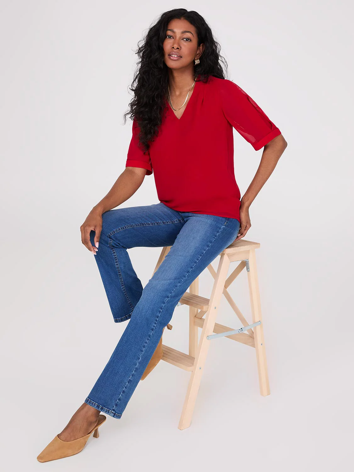 Chiffon V-Neck Pleated Popover Blouse - Image 3