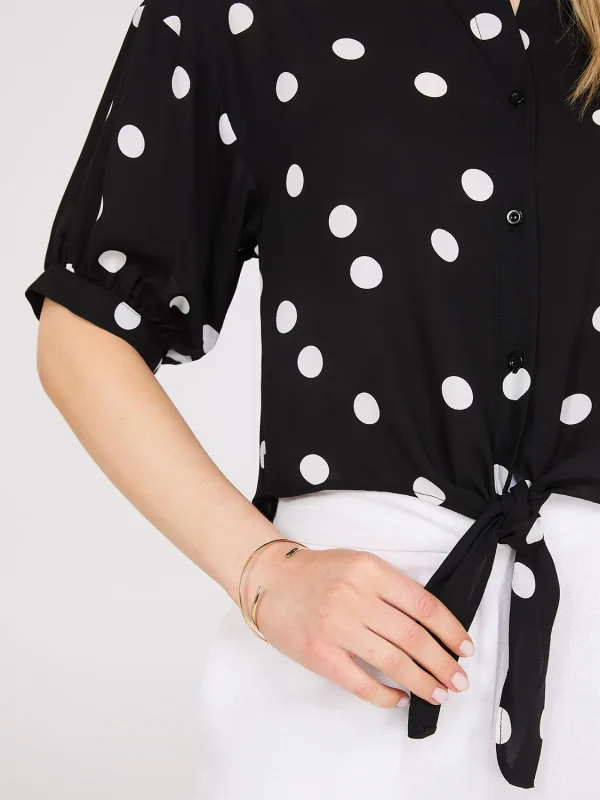 Polka Dot Button-Up Short Sleeve Blouse - Image 3