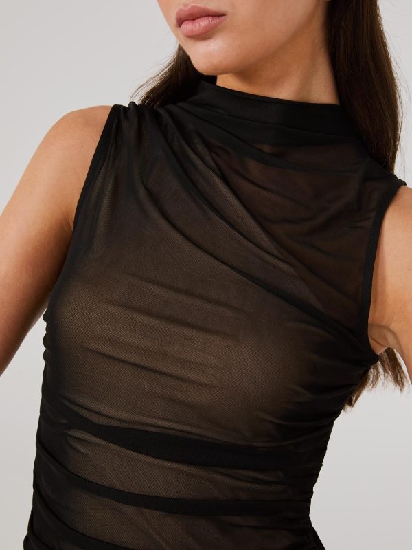One-Shoulder Mock Neck Top With Mesh Overlay - Image 2