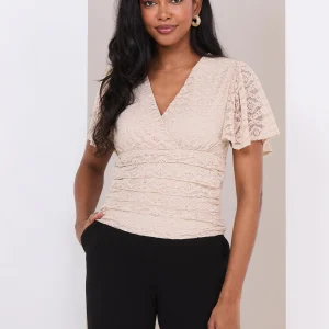 Lace Cross-Front Top With Flutter Sleeves