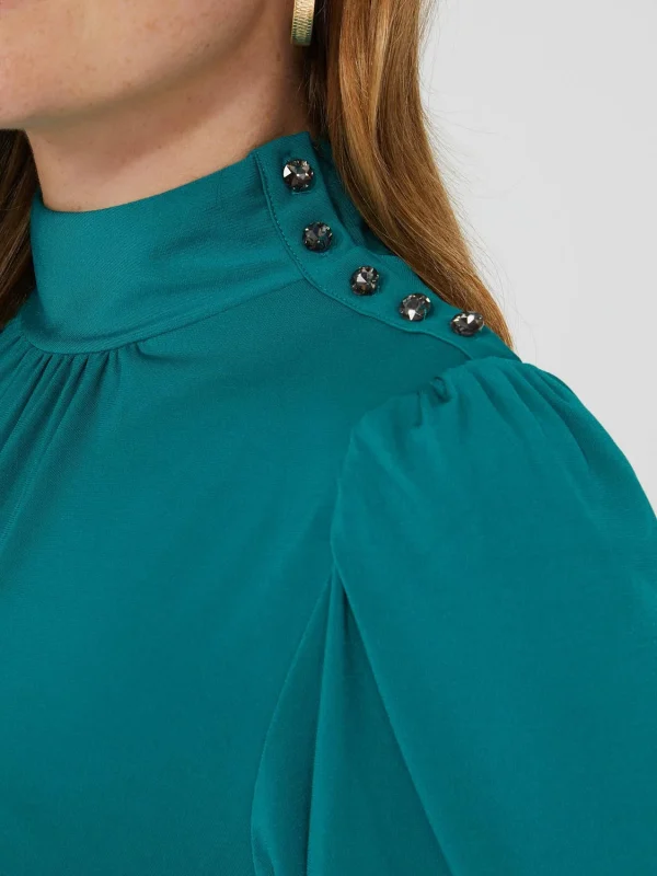 Balloon Sleeve Mock Neck Top With Rhinestone Detail - Image 6