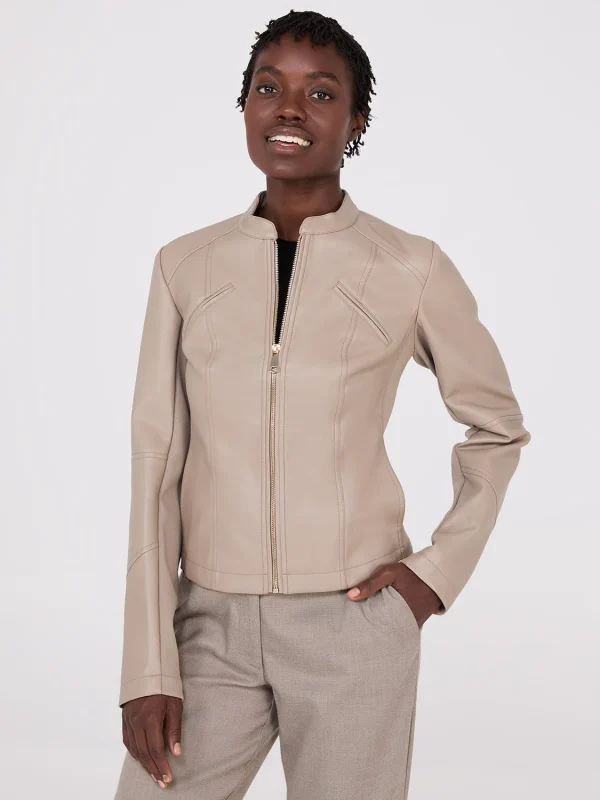 Collarless Faux Leather Jacket - Image 7