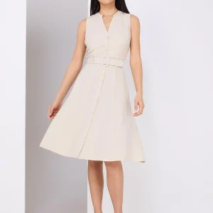 Linen Split Neck Belted Fit & Flare Dress