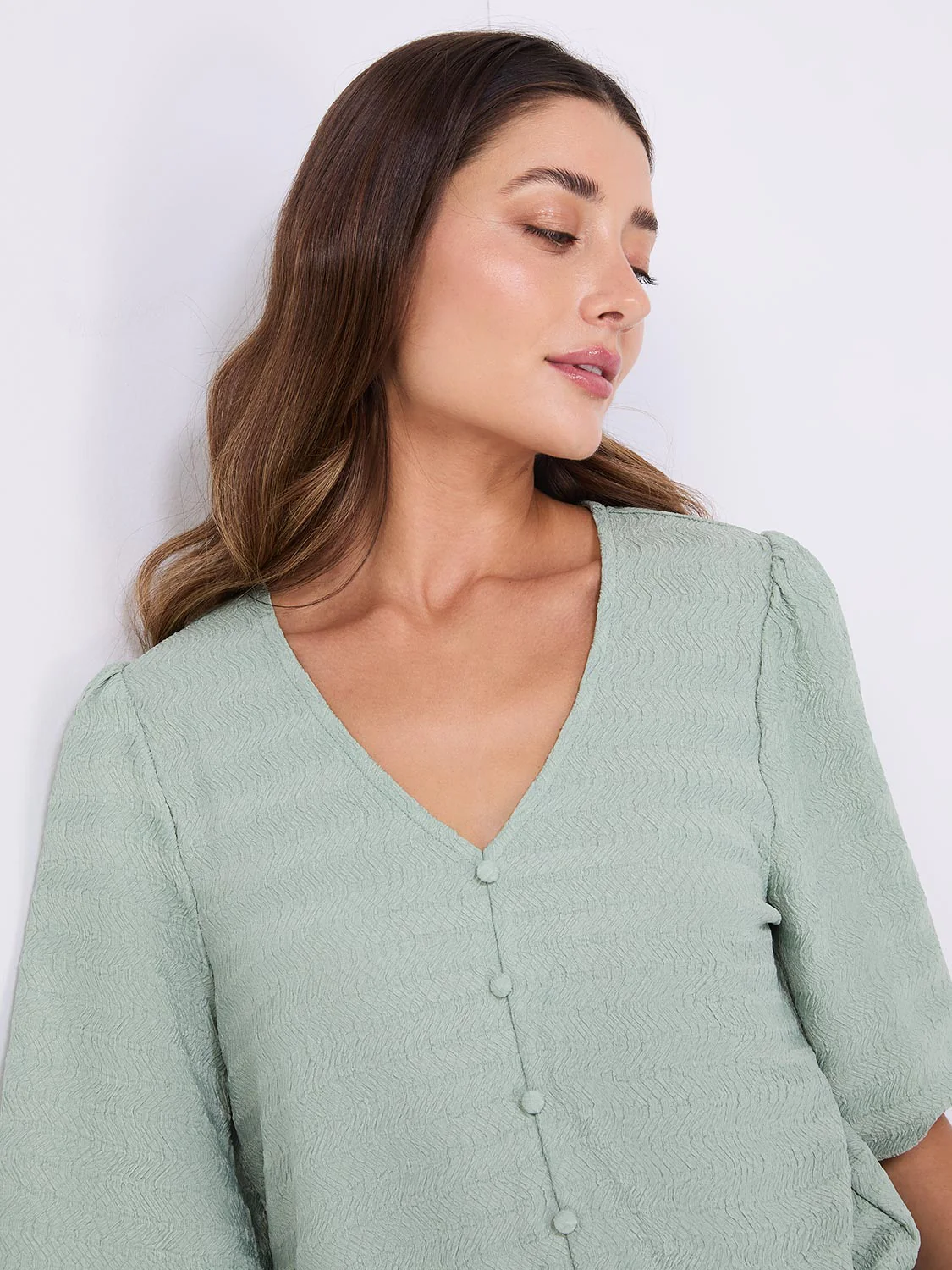 Balloon Sleeve V-Neck Top With Bottom Band - Image 2