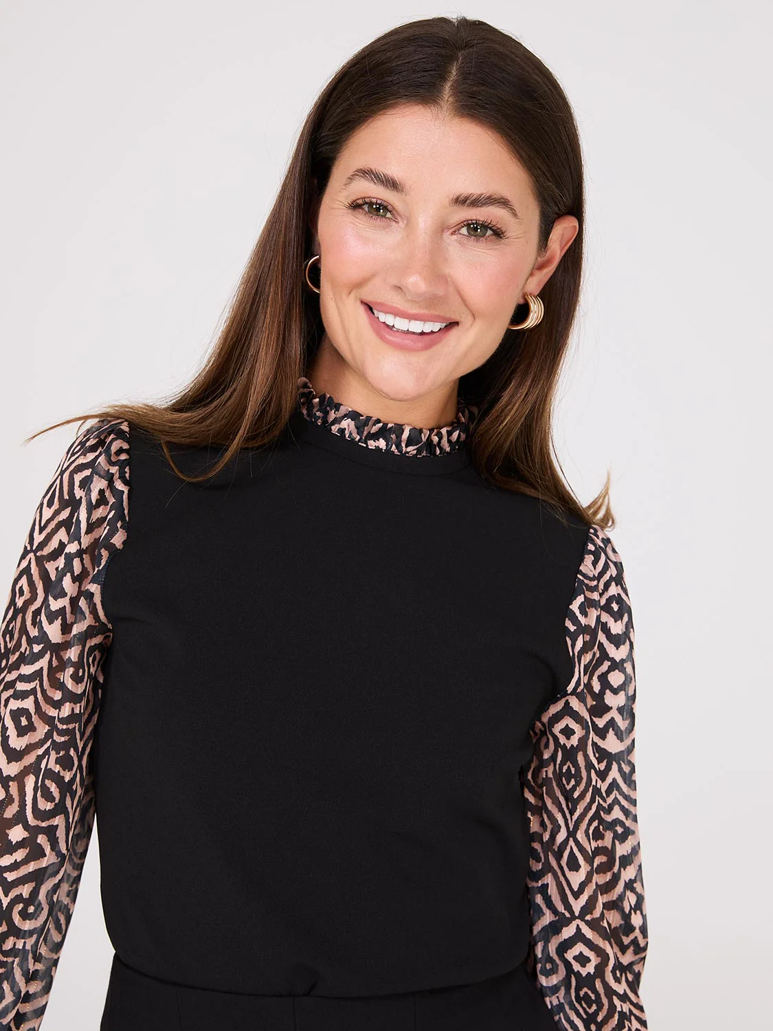 Crew Neck Scuba Top With Printed Chiffon Sleeves - Image 2