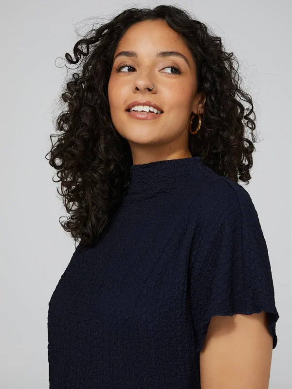 Textured Funnel Neck Short Sleeve Top - Image 2